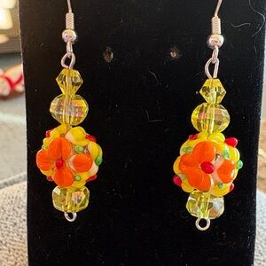 Hand Crafted Yellow and Orange Glass and AB Crystal Beaded Earrings